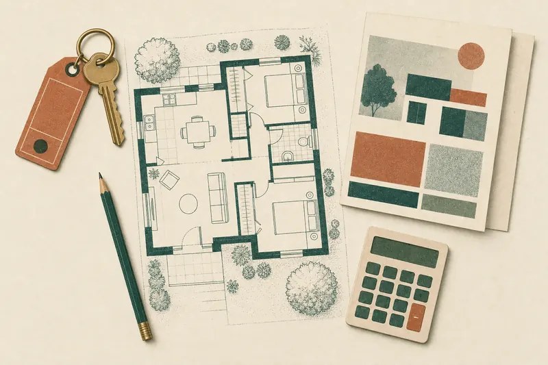 Flat-lay illustration of a floor plan, a house key on a tag, a pencil, a property brochure and a calculator
