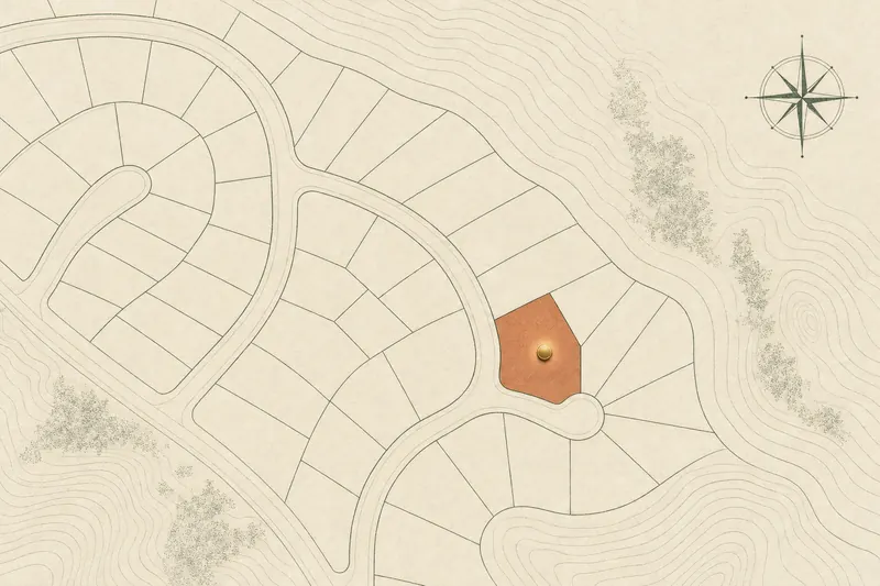 Neighborhood plat map drawing with one lot highlighted in terracotta and a brass location dot
