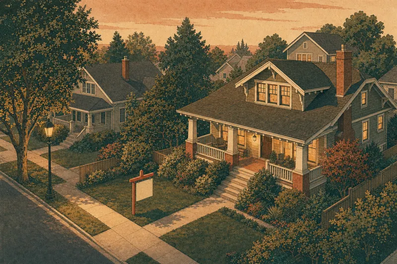 Illustrated craftsman house at dusk with a yard sign on the lawn and porch lights on